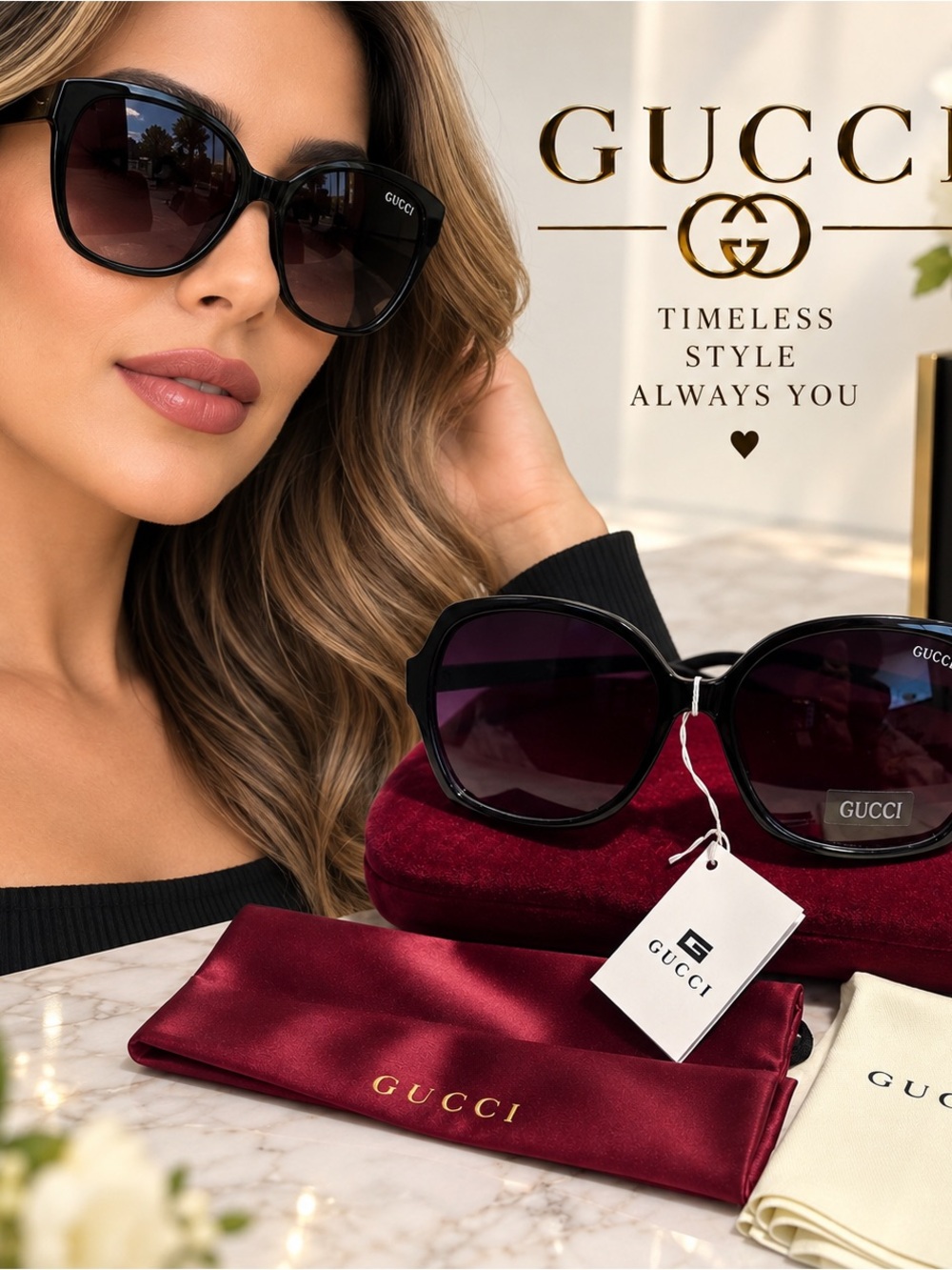 Gucci Black Frame Sunglasses with Dark Purple Lenses